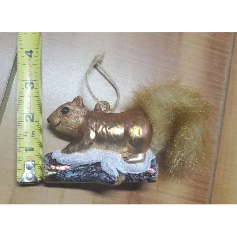 Squirrel Christmas Ornament Hand Blown‎ Glass Animal Plush Fur Tail 5